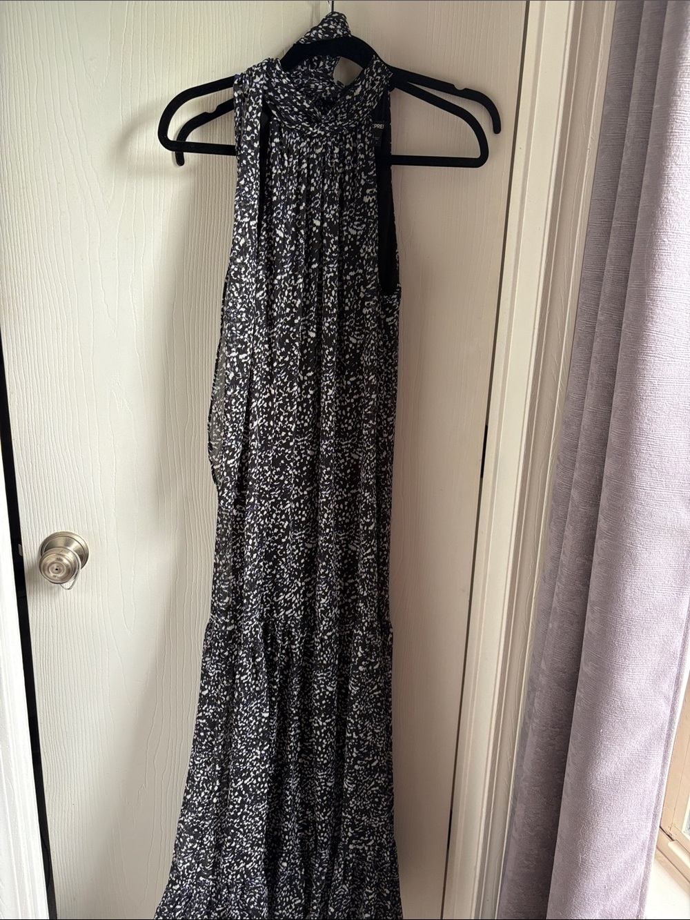 Express Black and White with blue accents Patterned Halter Maxi Dress